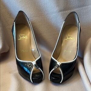 Christian Louboutin Black Peep-Toe Heels with Faux Zipper Trim